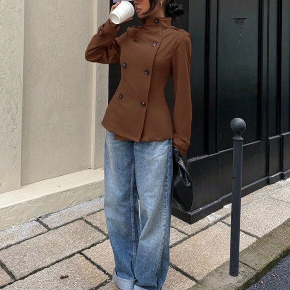 Brown Women's Double-Breasted mini Trench Coat jacket - Picture 3 of 5